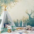 Deer and Leafy Canopy Mural Wallpaper Green, Yellow and Beige Deer -4 Mural Wallpaper - pure wallpaper artwork
