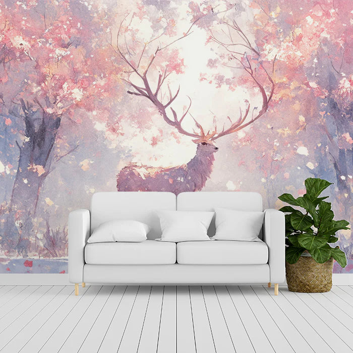 Pink Blossom and Deer Mural Wallpaper Pink, White and Light Brown Deer -1 Mural Wallpaper