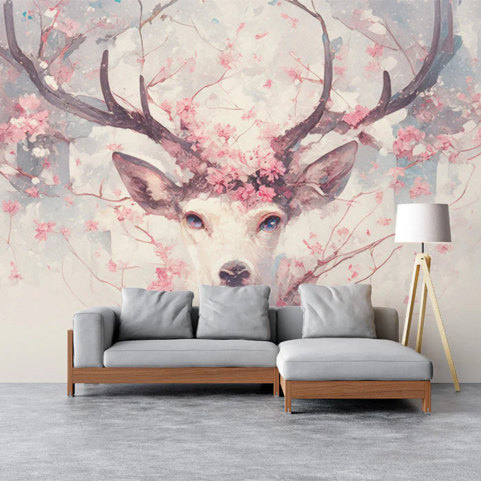 Deer with Floral Antlers Mural Wallpaper Beige, Pink and Light Brown Deer Mural Wallpaper - pure wallpaper artwork
