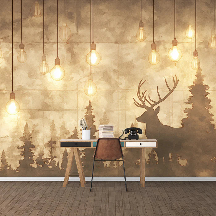 Vintage Deer and Bulb Mural Wallpaper Beige, Brown and Gold Deer -1 Mural Wallpaper - pure wallpaper artwork