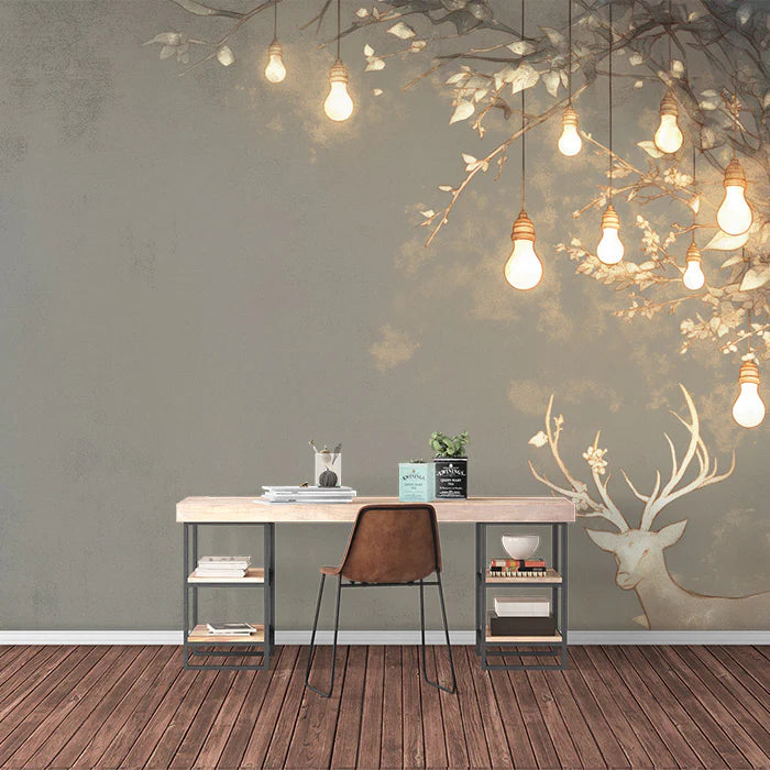 Vintage Deer and Bulb Mural Wallpaper Beige, Brown and Gold Deer -2 Mural Wallpaper - pure wallpaper artwork