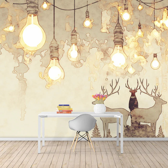 Minimalist Deer and Bulb Mural Wallpaper Beige, Brown and White -2 Mural Wallpaper - pure wallpaper artwork