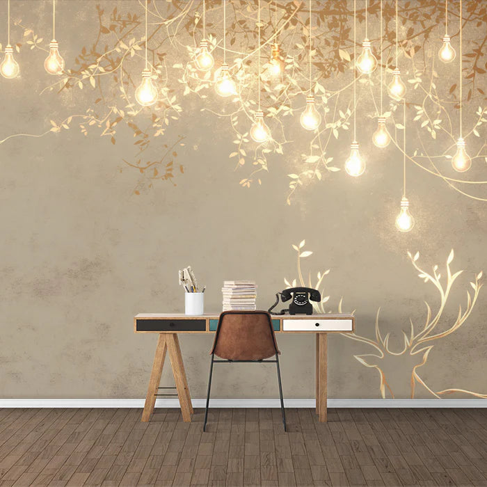 Minimalist Deer and Bulb Mural Wallpaper Beige, Brown and White -3 Mural Wallpaper - pure wallpaper artwork
