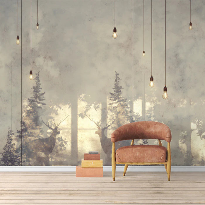 Minimalist Deer and Bulb Mural Wallpaper Beige, Brown and White -4 Mural Wallpaper - pure wallpaper artwork