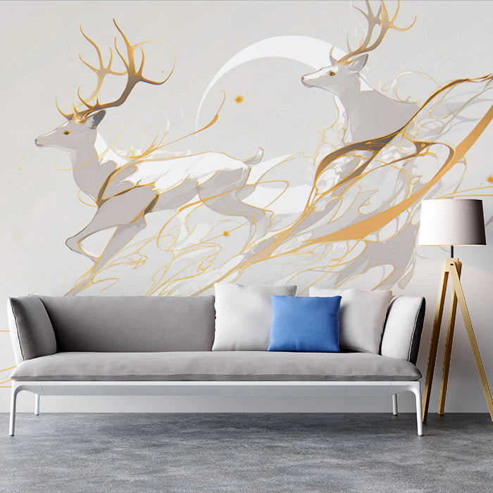 White Deer with Gold Streaks Mural Wallpaper for a study room White, Gray and Gold Deers -1 Mural Wallpaper