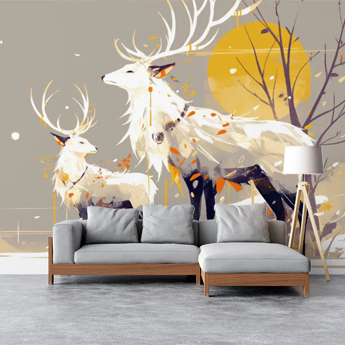 White Deer with Gold Streaks Mural Wallpaper for a living room White, Gray and Gold Deers -2 Mural Wallpaper
