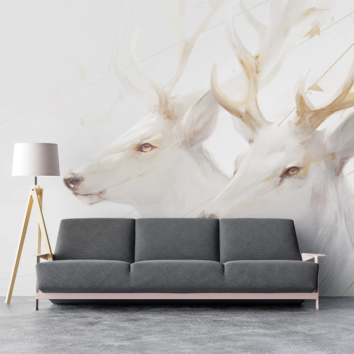 White Deers with Gold Accents Mural Wallpaper White, Gold and Beige Deer Mural Wallpaper - pure wallpaper artwork