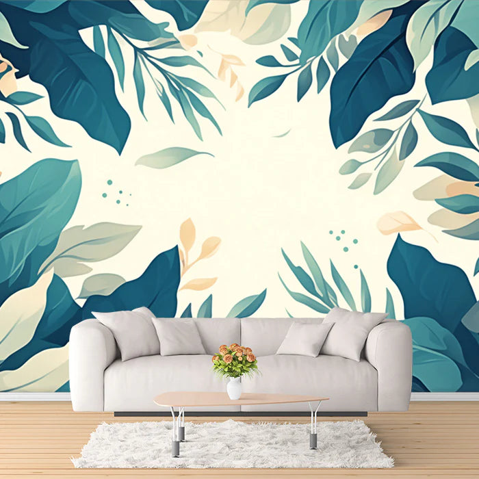 Tropical Leaf Mural Wallpaper for a living room Green, Blue and Beige Leaves Mural Wallpaper - pure wallpaper artwork