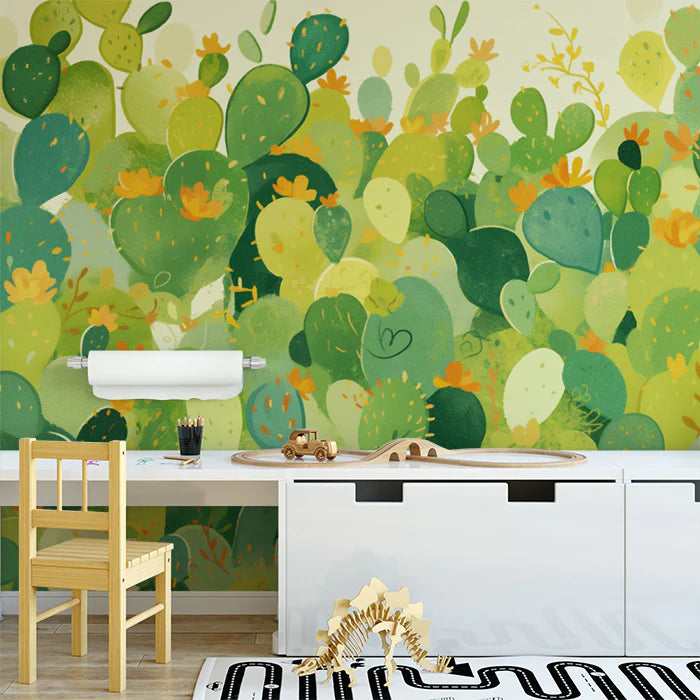 Colorful Desert Cactus Mural Wallpaper Green, Yellow, Blue and Orange Cactus -1 Mural Wallpaper
