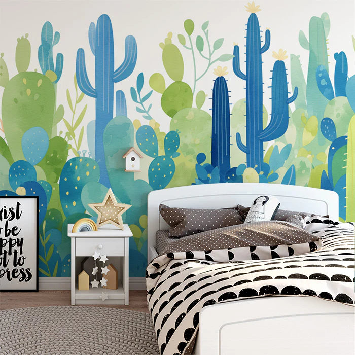 Blue Desert Cactus Mural Wallpaper Blue, Yellow and Green Cactus -1 Mural Wallpaper
