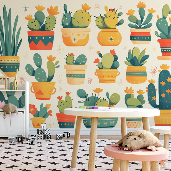 Cute Cactus Pattern Mural Wallpaper Green, Orange and Beige Cactus -1 Mural Wallpaper - pure wallpaper artwork