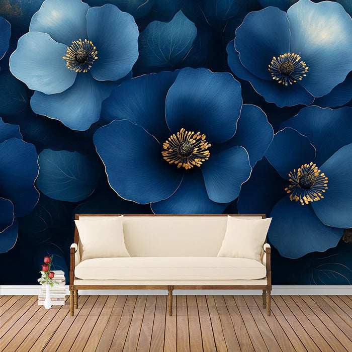 Blue Flower Mural Wallpaper for a living room Blue, Gold and White Flower Mural Wallpaper - pure wallpaper artwork