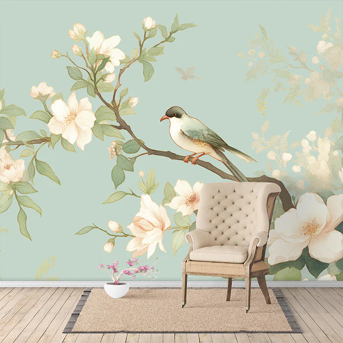 Bird and Flower Branch Mural Wallpaper for a Study room Green, White and Light Blue Mural Wallpaper