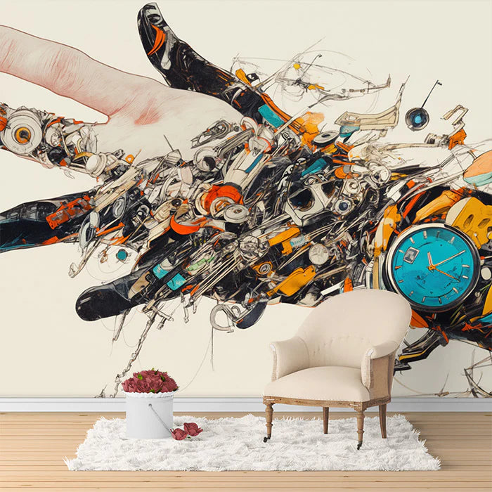 Mechanical Hand Art Mural Wallpaper Beige, Black, Orange and Blue Hand Mural Wallpaper - pure wallpaper artwork