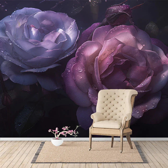 Purple Rose with Dew Drops Mural Wallpaper for a study Purple, Pink and Black Rose Mural Wallpaper - pure wallpaper artwork