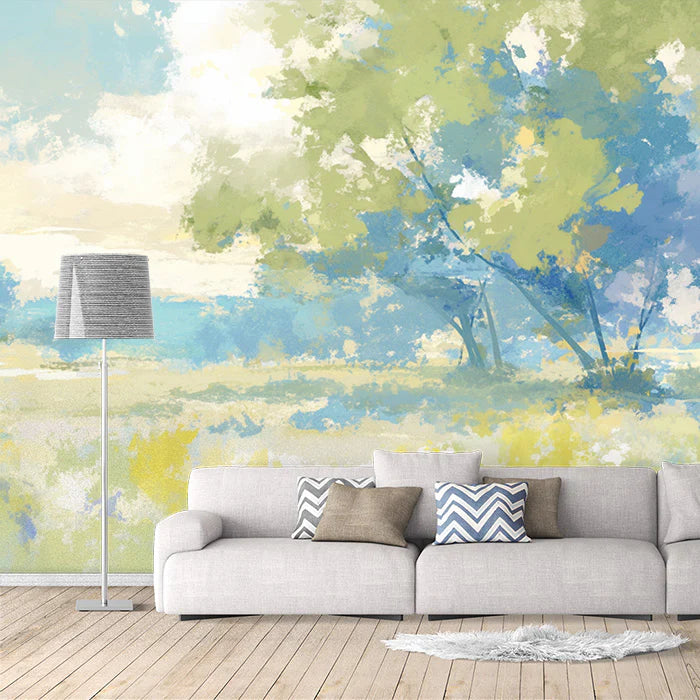Abstract Landscape Mural Wallpaper Green, Blue, Yellow and White Mural Wallpaper