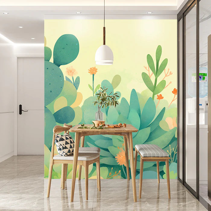 Cartoon Cactus and Plant Mural Wallpaper Green, Yellow and Orange Mural Wallpaper - pure wallpaper artwork