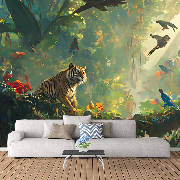 Tiger in Lush Jungle Mural Wallpaper Green, Orange, Red and Brown Jungle Mural Wallpaper - pure wallpaper artwork