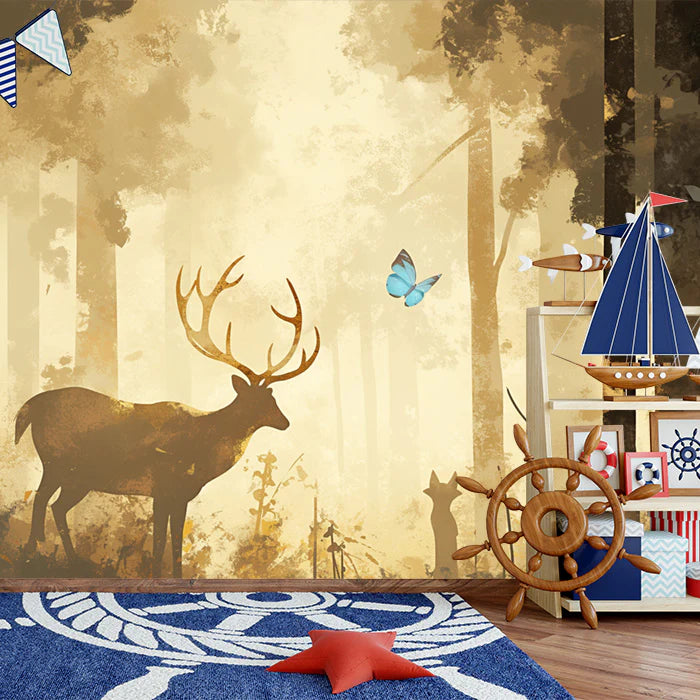 Vintage Deer in Forest Mural Wallpaper Brown, Yellow and Blue Deer Mural Wallpaper - pure wallpaper artwork