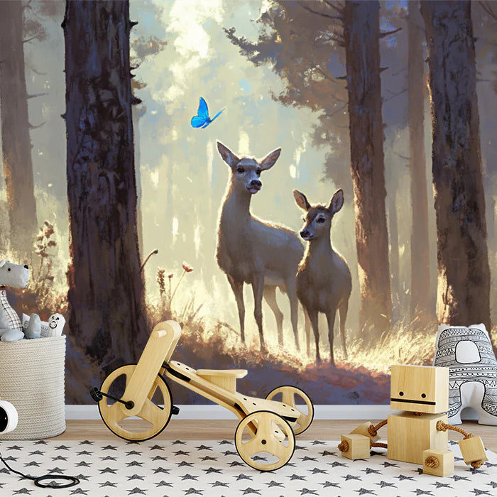 Deer in Forest Glow Mural Wallpaper for a child's room Brown, Blue and Yellow Forest Mural Wallpaper - pure wallpaper artwork