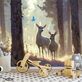 Deer in Forest Glow Mural Wallpaper for a child's room Brown, Blue and Yellow Forest Mural Wallpaper - pure wallpaper artwork