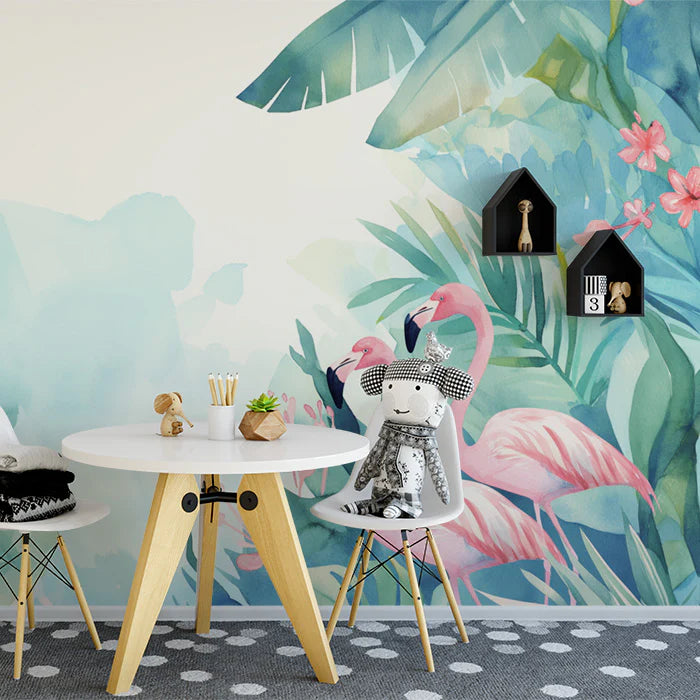 Tropical Flamingo and Plants Mural Wallpaper Pink, Green, Blue and White Mural Wallpaper - pure wallpaper artwork