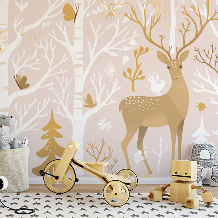 Blush Pink Forest with Deer Mural Wallpaper Blush Pink, White and Gold Deer Mural Wallpaper