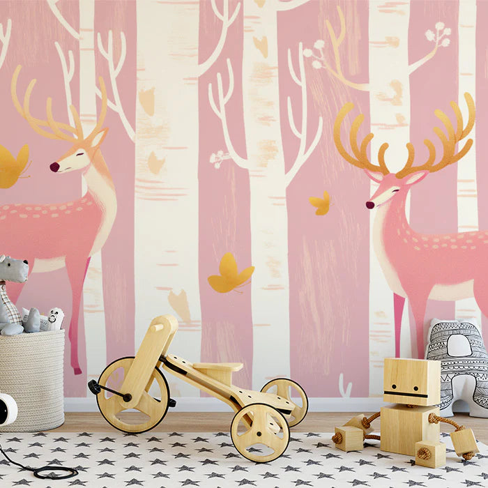 Pink Forest with Deer Mural Wallpaper Pink, White and Yellow Deer Mural Wallpaper