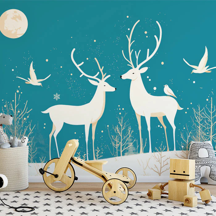Teal Night Forest with Deer Mural Wallpaper Teal, White and Beige Deer Mural Wallpaper