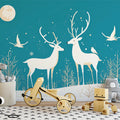 Teal Night Forest with Deer Mural Wallpaper Teal, White and Beige Deer Mural Wallpaper - pure wallpaper artwork
