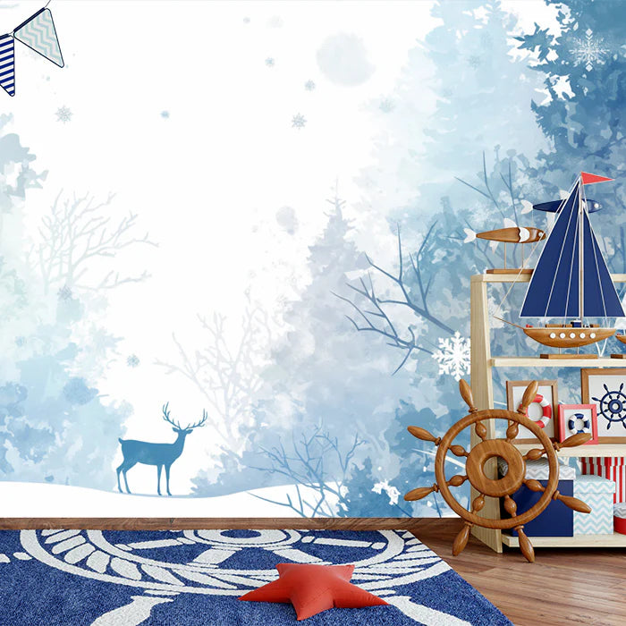 Blue Winter Forest with Deer Mural Wallpaper for a child's room Blue, White and Light Blue Forest Mural Wallpaper - pure wallpaper artwork