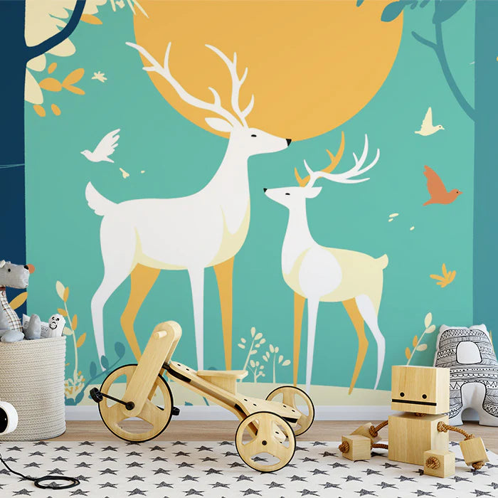 Green Forest with Deer Family Mural Wallpaper for a Nursey Green, Yellow and Blue Deer Family Mural Wallpaper