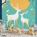 Green Forest with Deer Family Mural Wallpaper for a Nursey Green, Yellow and Blue Deer Family Mural Wallpaper - pure wallpaper artwork