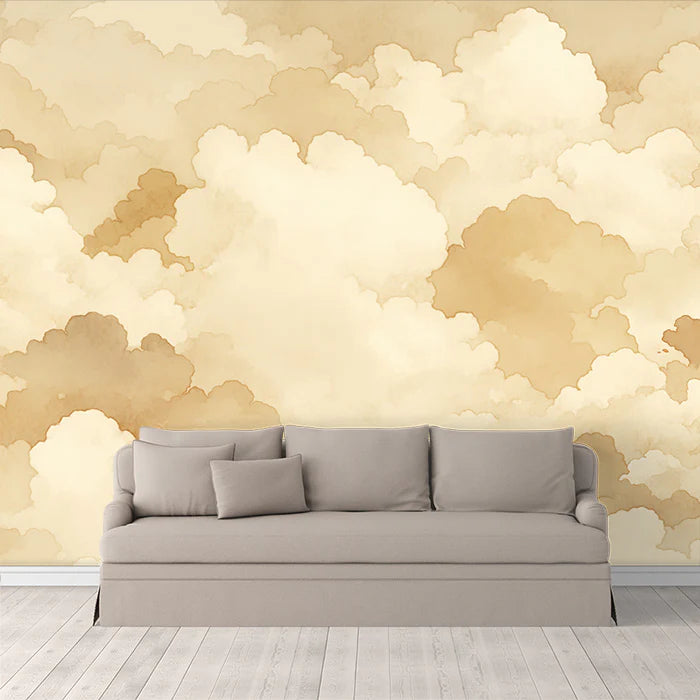 Golden Clouds Mural Wallpaper for a Lounge of hotel or office Beige, Light Brown and White Mural Wallpaper - pure wallpaper artwork