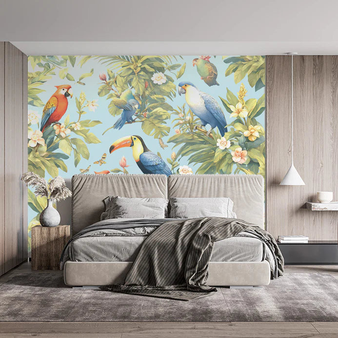 Tropical Parrots Mural Wallpaper in Bedroom Various Colors (Green, Blue, Yellow, etc.) of Parrots Mural Wallpaper - pure wallpaper artwork