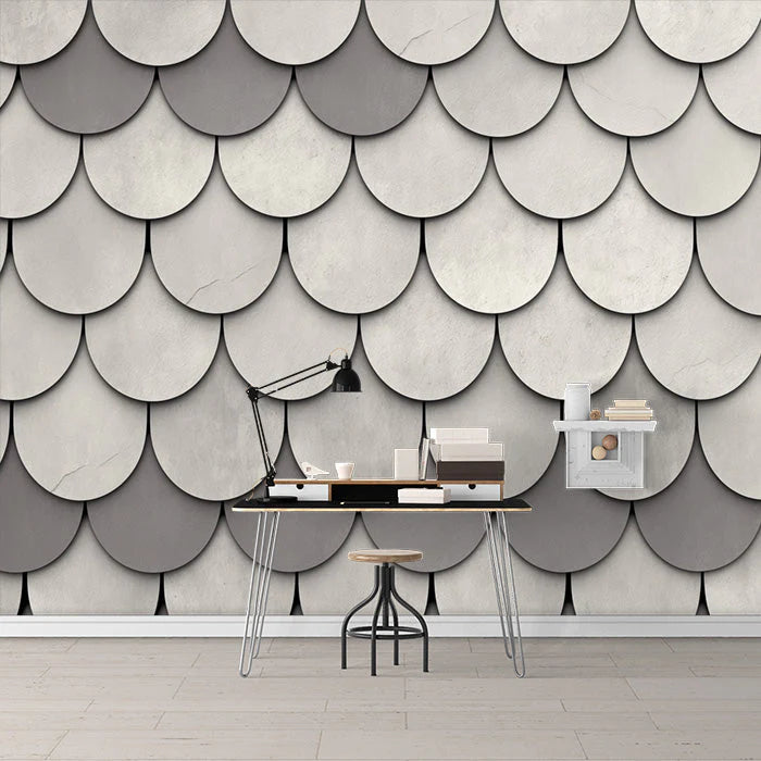Gray Scalloped Mural Wallpaper Gray and White Scalloped Shapes Mural Wallpaper