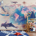 World Map with Dolphins Mural Wallpaper Blue, Pink, and Various Pastel Shades World Map Mural Wallpaper - pure wallpaper artwork