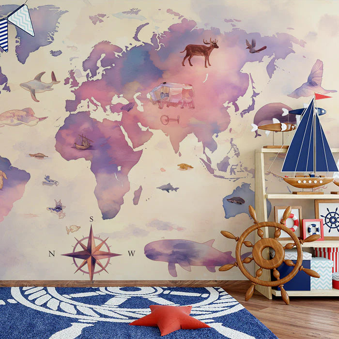 World Map with Dolphins Mural Wallpaper Blue, Pink, and Various Pastel Shades World Map -1 Mural Wallpaper