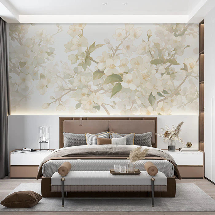 Floral Mural Wallpaper in Bedroom Cream and Green Flowers Mural Wallpaper - pure wallpaper artwork