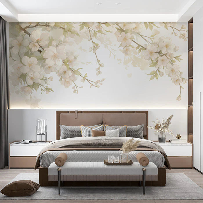 Floral Mural Wallpaper in Bedroom Cream and Green Flowers -1 Mural Wallpaper - pure wallpaper artwork