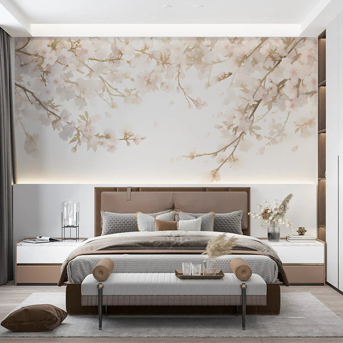 Floral Mural Wallpaper in Bedroom Cream and Green Flowers -2 Mural Wallpaper - pure wallpaper artwork