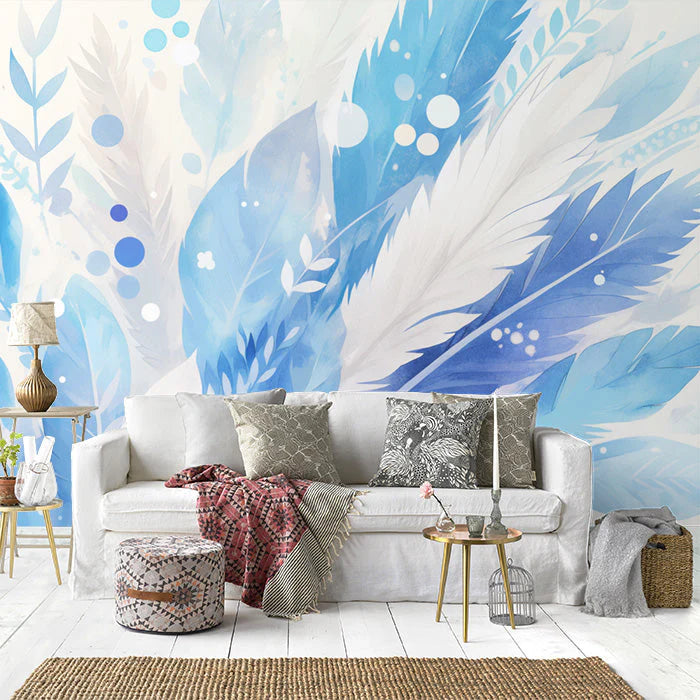 Blue Feather Mural Wallpaper in Living Room Blue and White Feathers Mural Wallpaper - pure wallpaper artwork
