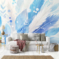 Blue Feather Mural Wallpaper in Living Room Blue and White Feathers Mural Wallpaper - pure wallpaper artwork
