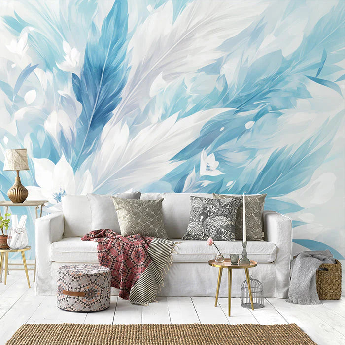 Blue Feather Mural Wallpaper in Living Room Blue and White Feathers -2 Mural Wallpaper - pure wallpaper artwork