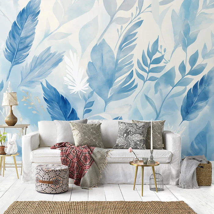 Blue Feather Mural Wallpaper in Living Room Blue and White Feathers -3 Mural Wallpaper