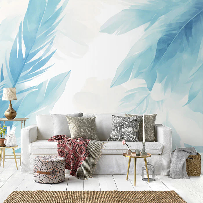 Blue Feather Mural Wallpaper in Living Room Blue and White Feathers -4 Mural Wallpaper - pure wallpaper artwork