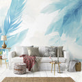 Blue Feather Mural Wallpaper in Living Room Blue and White Feathers -4 Mural Wallpaper - pure wallpaper artwork