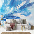 Blue Feather Mural Wallpaper in Living Room Blue and White Feathers -5 Mural Wallpaper - pure wallpaper artwork