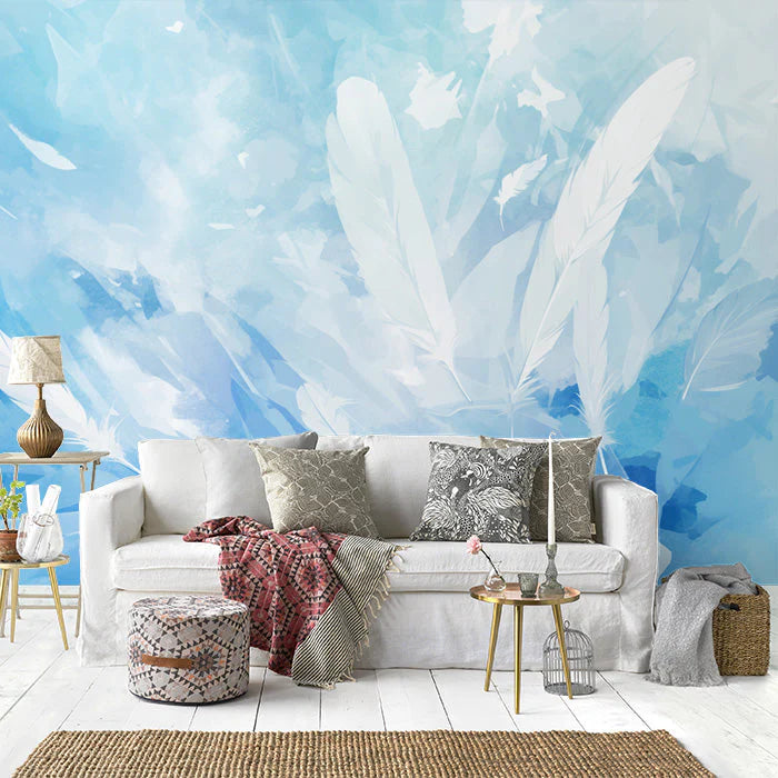 Blue Feather Mural Wallpaper in Living Room Blue and White Feathers -6 Mural Wallpaper - pure wallpaper artwork