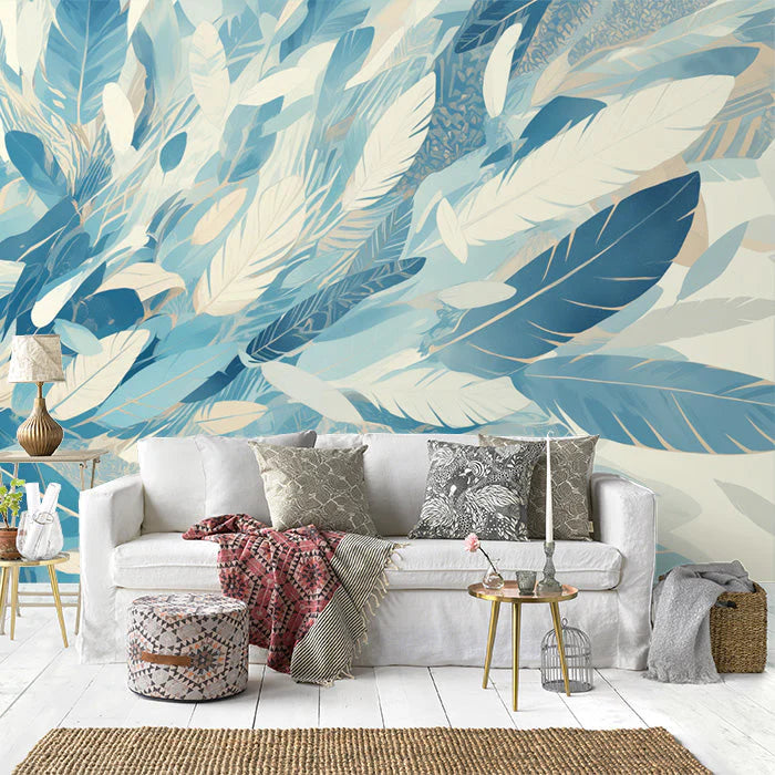 Blue Feather Mural Wallpaper in Living Room Blue and White Feathers -7 Mural Wallpaper